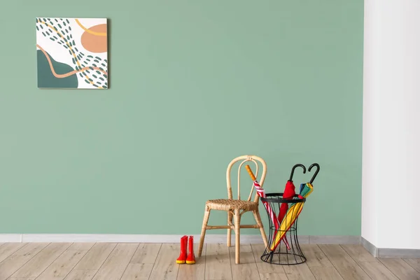 Umbrellas Chair Gumboots Color Wall — Stock Photo, Image