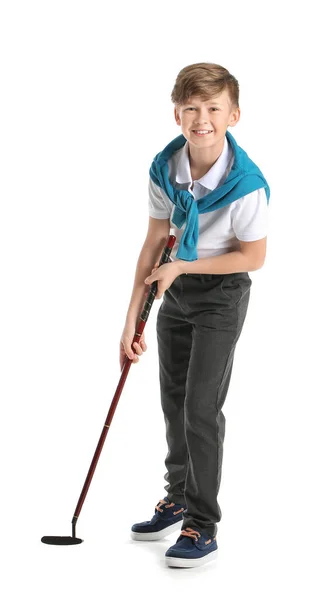 Bonito Pequeno Jogador Golfe Fundo Branco — Fotografia de Stock