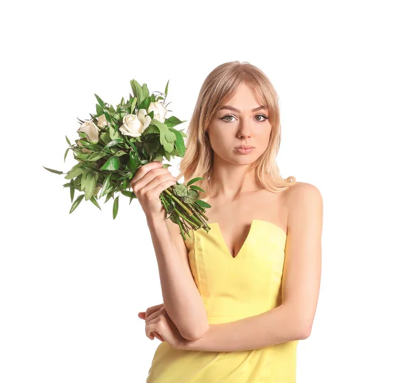 Beautiful Young Woman Bouquet Roses White Background — Stock Photo, Image