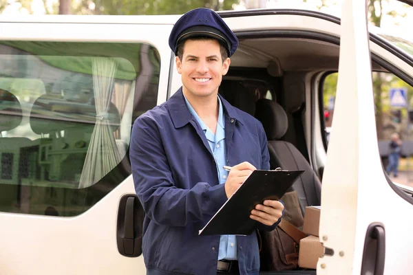 Handsome Young Postman Car Outdoors — Stock Photo, Image