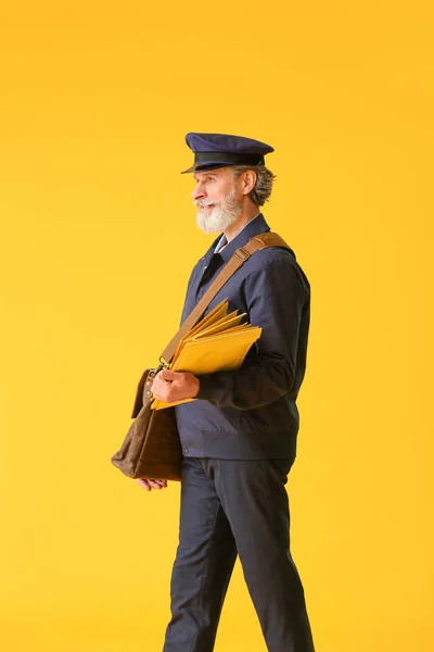 Handsome Old Postman Color Background — Stock Photo, Image