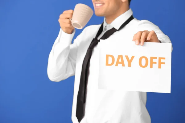 Young Businessman Holding Paper Text Day Drinking Coffee Color Background — Stock Photo, Image