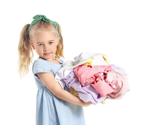 Linda Niña Con Ropa Sucia Sobre Fondo Blanco — Foto de Stock