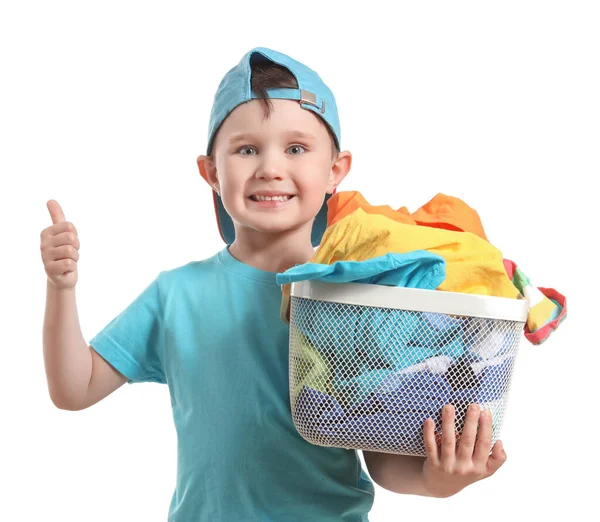 Little Boy Laundry Showing Thumb Gesture White Background — Stock Photo, Image