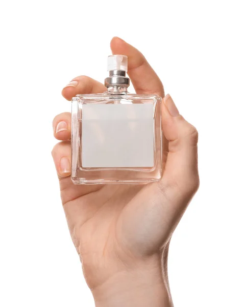 Mano Femenina Con Perfume Sobre Fondo Blanco — Foto de Stock