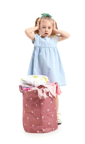 Cute Little Girl Dirty Laundry White Background — Stock Photo, Image