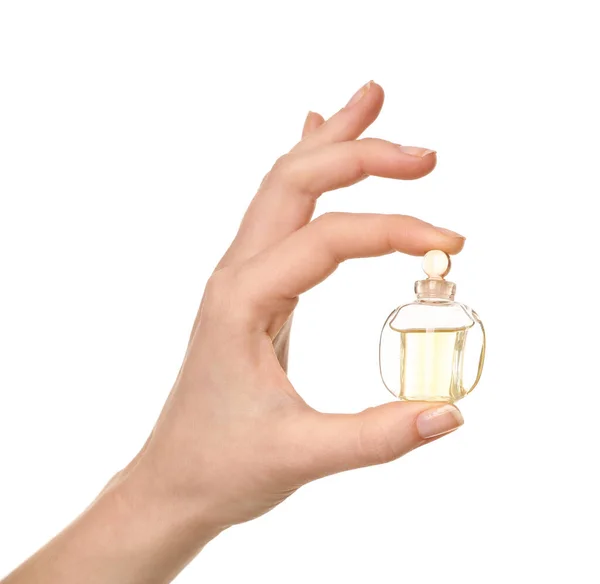 Mano Femenina Con Perfume Sobre Fondo Blanco — Foto de Stock