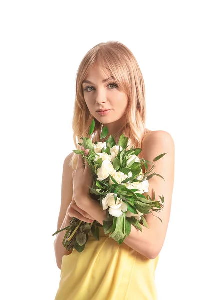 Belle Jeune Femme Avec Bouquet Roses Sur Fond Blanc — Photo