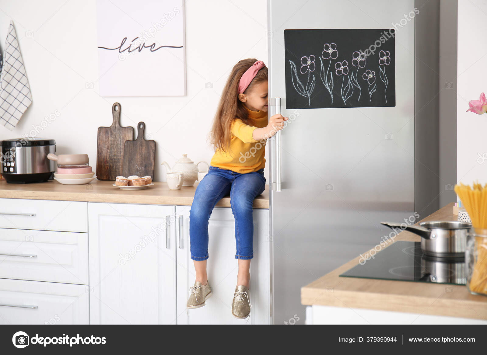 Little Girl Opening Refrigerator Kitchen Stock Photo by ©serezniy 379390944