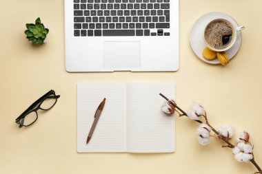 Dizüstü bilgisayar, defter, kahve ve pamuk çiçekleriyle renklendirilmiş kompozisyon