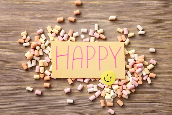 Paper Word Happy Marshmallows Wooden Background — Stock Photo, Image