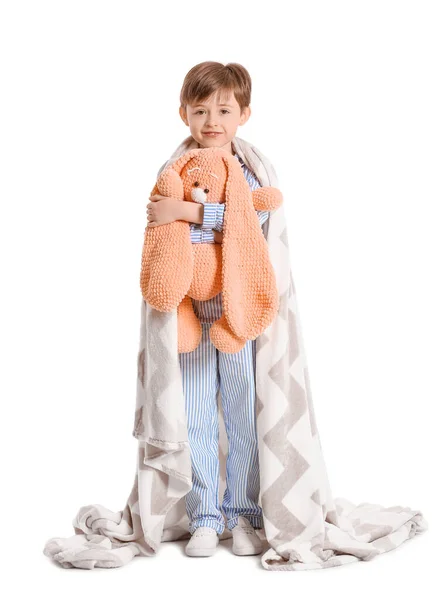 Kleiner Junge Mit Karo Und Spielzeug Auf Weißem Hintergrund — Stockfoto