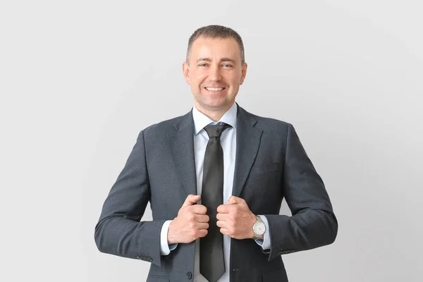 Portrait Handsome Businessman Grey Background — Stock Photo, Image