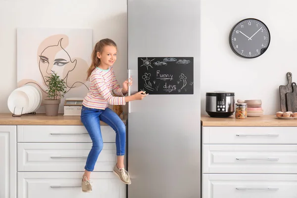 Little Girl Drawing Chalkboard Kitchen — Stock Photo, Image