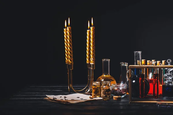 Potions Candles Alchemist Table — Stock Photo, Image