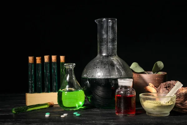 Different Potions Alchemist Table — Stock Photo, Image