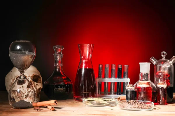 Different Potions Alchemist Table — Stock Photo, Image