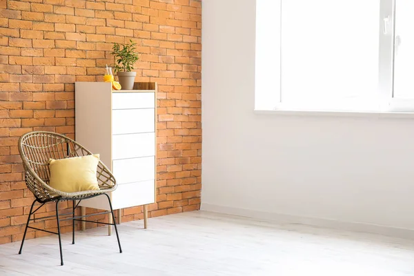 Stylish Armchair Chest Drawers Brick Wall Living Room — Stock Photo, Image