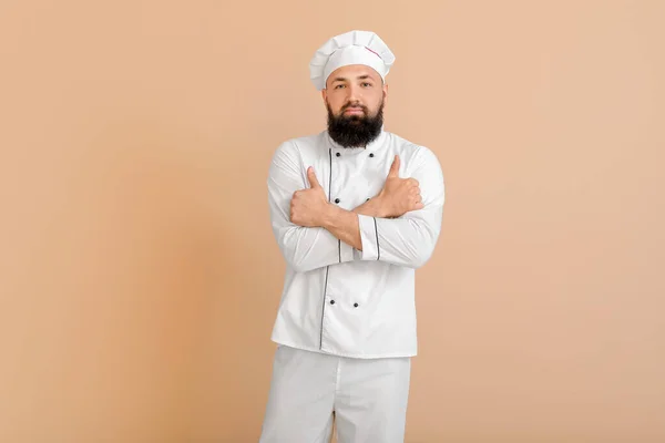 Bonito Chef Masculino Fundo Cor — Fotografia de Stock