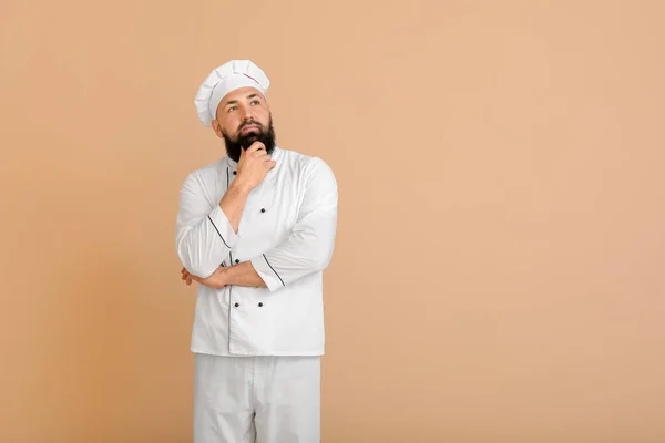 Handsome Thoughtful Male Chef Color Background — Stock Photo, Image