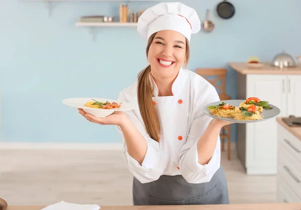 Female Chef Tasty Dishes Kitchen — Stock Photo, Image