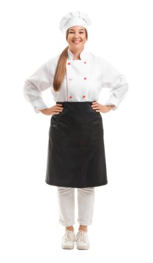 Beyaz arka planda genç bayan şef