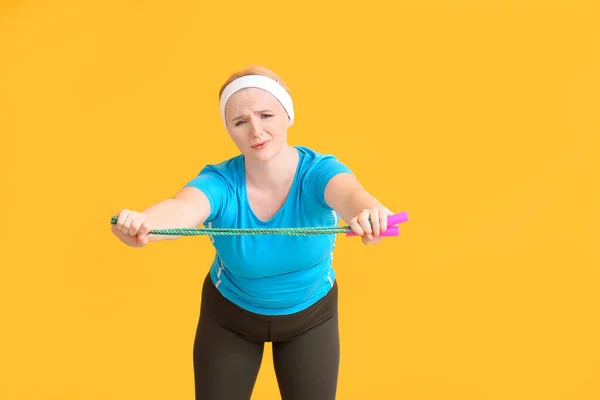 Woman Excess Weight Training Color Background — Stock Photo, Image