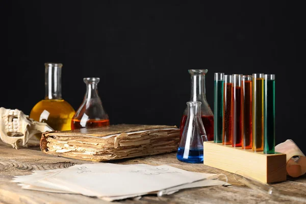 Potions Old Book Alchemist Table — Stock Photo, Image