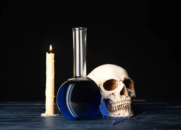 Human Skull Candle Potion Alchemist Table — Stock Photo, Image