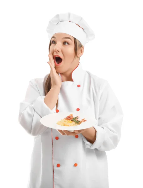 Shocked Female Chef Tasty Dish White Background — Stock Photo, Image