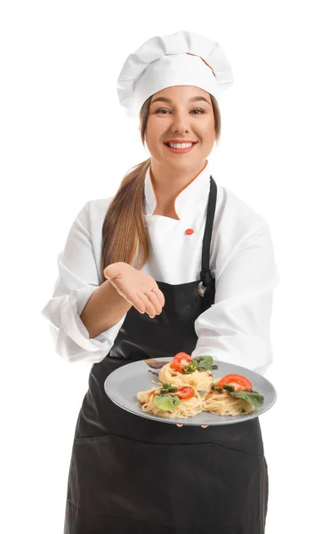 Jovem Chef Feminino Com Prato Saboroso Fundo Branco — Fotografia de Stock