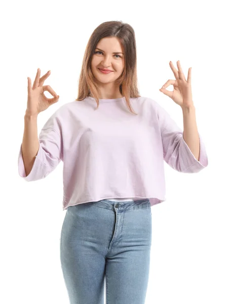 Mooie Jonge Vrouw Tonen Gebaar Witte Achtergrond — Stockfoto