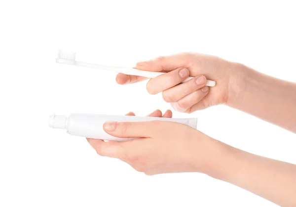 Mãos Femininas Com Escova Dentes Pasta Fundo Branco — Fotografia de Stock