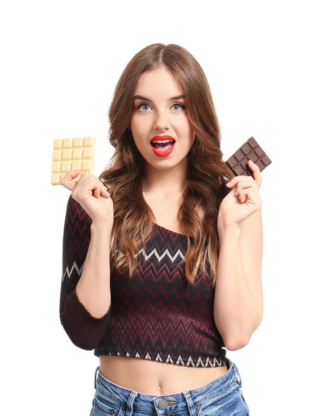 Beautiful Young Woman Tasty Chocolate White Background — Stock Photo, Image