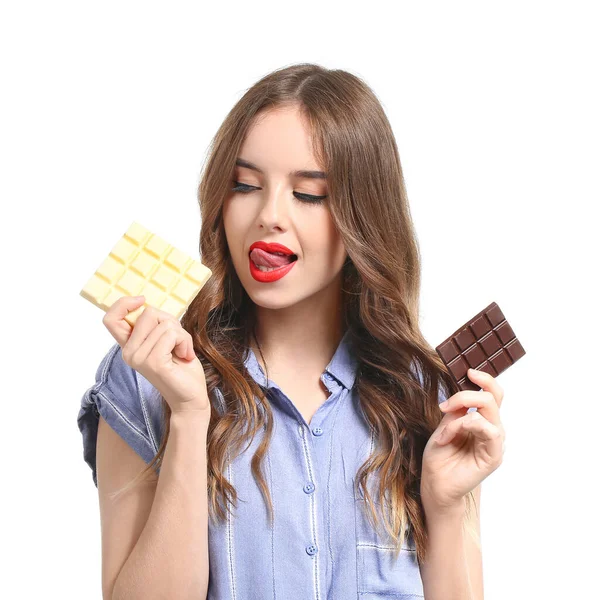 Schöne Junge Frau Mit Leckerer Schokolade Auf Weißem Hintergrund — Stockfoto