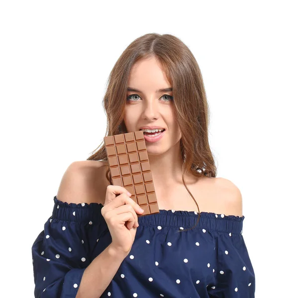 Beautiful Young Woman Tasty Chocolate White Background — Stock Photo, Image