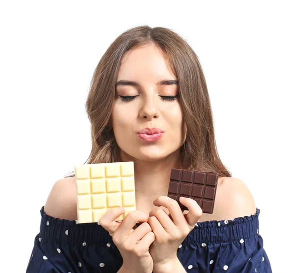 Beautiful Young Woman Tasty Chocolate White Background — Stock Photo, Image