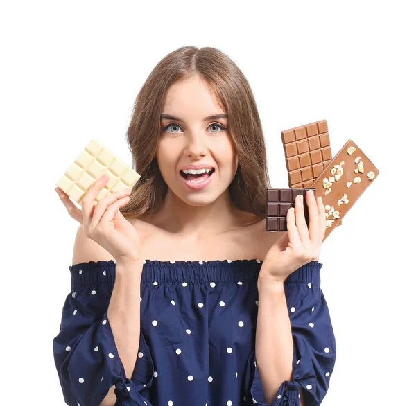 Beautiful Young Woman Tasty Chocolate White Background — Stock Photo, Image