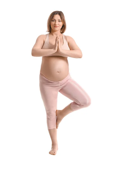 Jong Zwanger Vrouw Oefenen Yoga Witte Achtergrond — Stockfoto