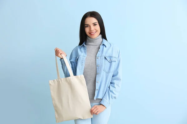 Young Woman Eco Bag Color Background — Stock Photo, Image