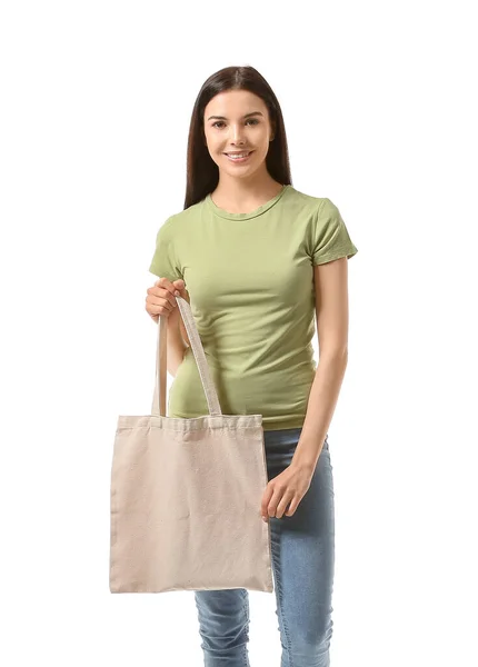Young Woman Eco Bag White Background — Stock Photo, Image