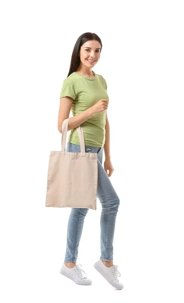 Ung Kvinna Med Eco Väska Vit Bakgrund — Stockfoto
