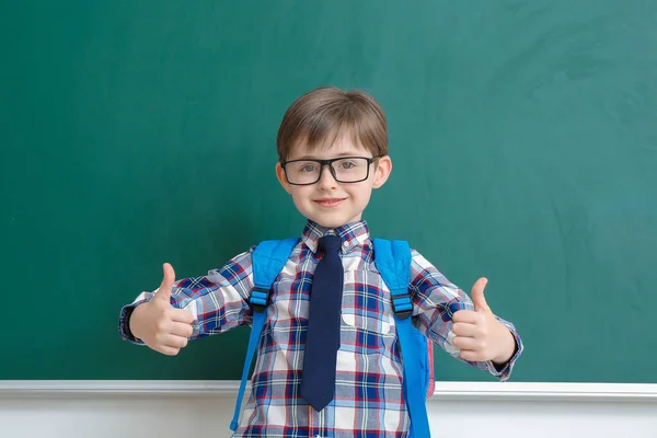 Cute Little Schoolboy Showing Thumb Blackboard Classroom — Stock Photo, Image