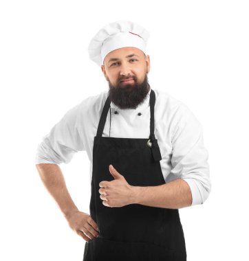 Beyaz arka planda yakışıklı erkek şef