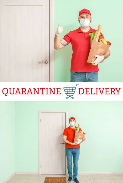 Male courier of food delivery company in medical mask near customer\'s door. Concept of epidemic
