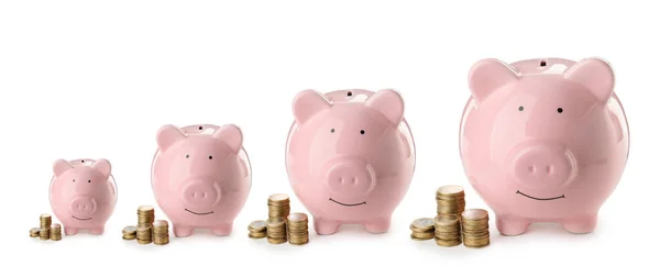 Cute Piggy Banks Different Sizes White Background — Stock Photo, Image