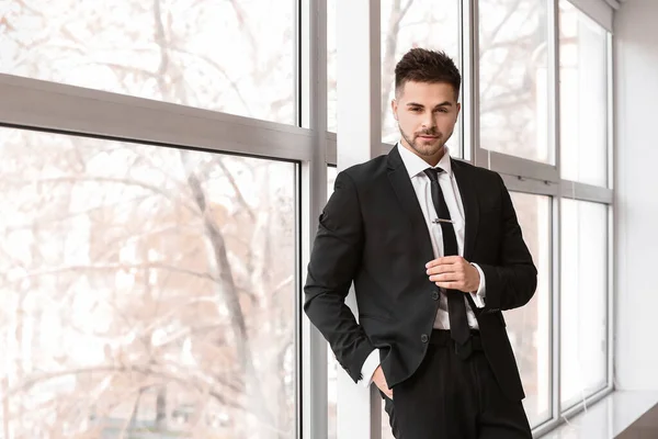 Handsome Young Man Elegant Suit Window — Stock Photo, Image