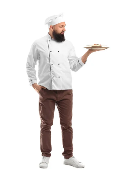 Bello Chef Maschio Sfondo Bianco — Foto Stock