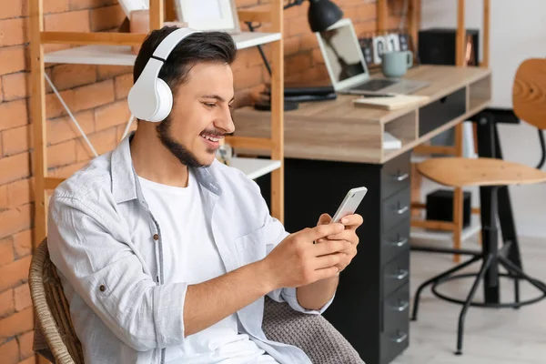 Handsome Young Man Listening Music Home — Stock Photo, Image