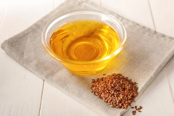 Bowl Flax Oil Table — Stock Photo, Image